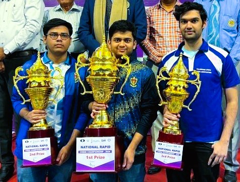 Top 3 Indian Rapid chess winners (L to R): 2nd IM Aronyak Ghosh (RSPB) 8.5/11, 1st GM Diptayan Ghosh (RSPB) 9/11 and 3rd GM Raja Rithvik R (TEL) 8.5/11
